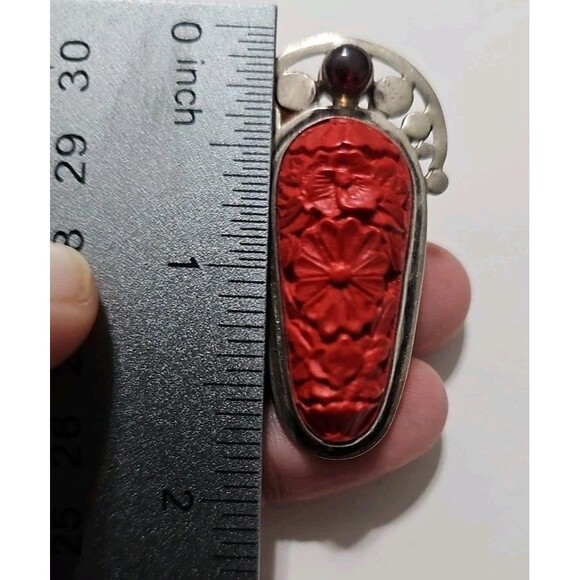 Vintage Sajen Designer Sterling Silver Carved Cinnabar Garnet Clip On Earrings - Picture 9 of 9